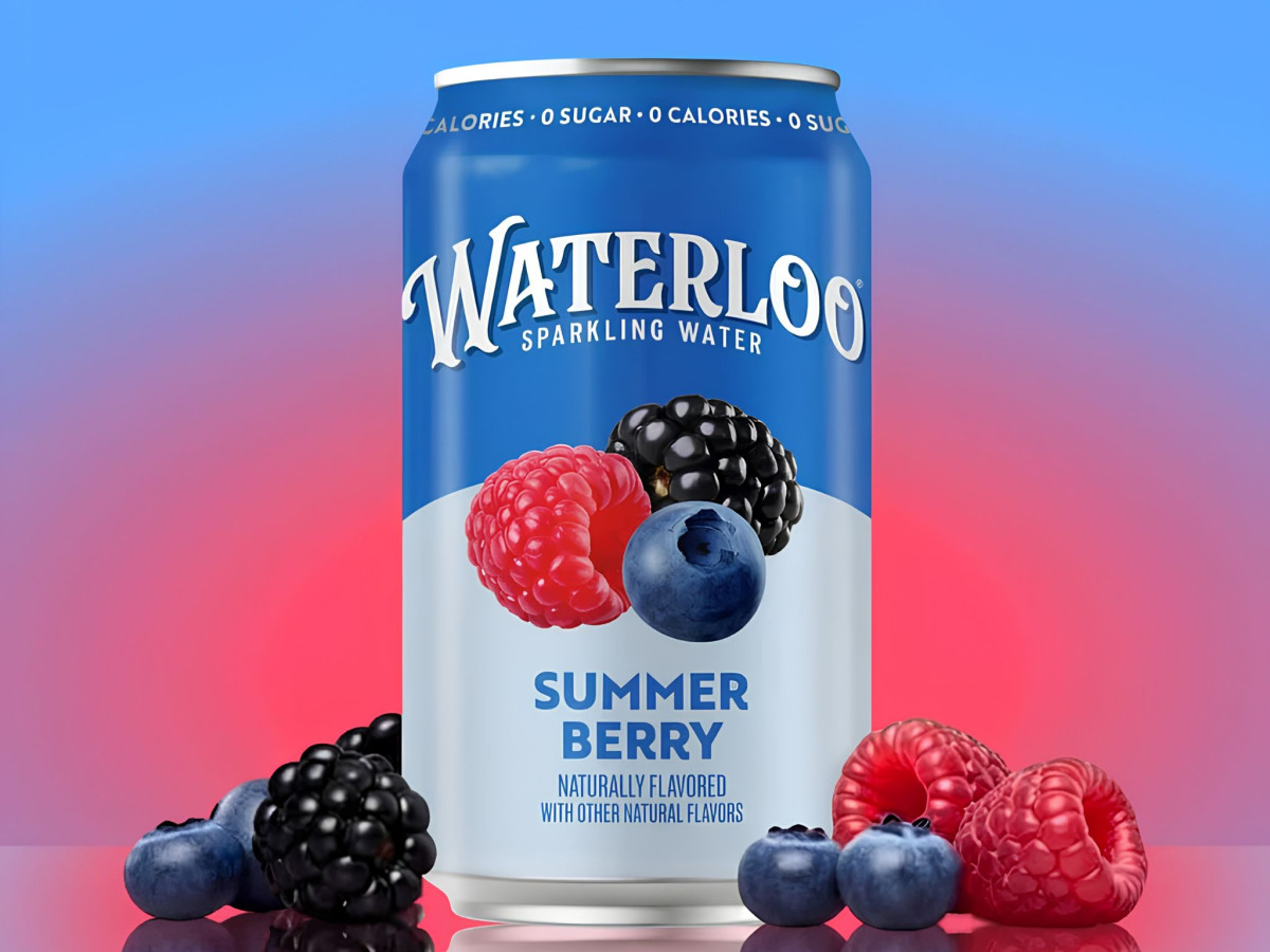 Blue Waterloo Summer Berry can with fresh mixed berries.