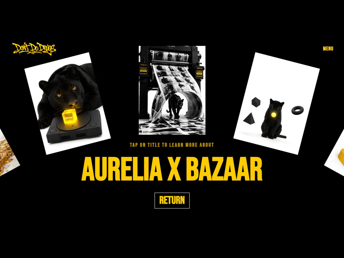 Three tilted panther photos above "Aurelia x Bazaar" text.
