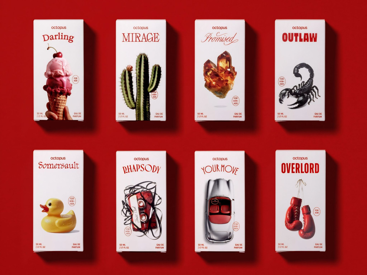 Eight Octopus perfume boxes with unique graphic icons on a red background.