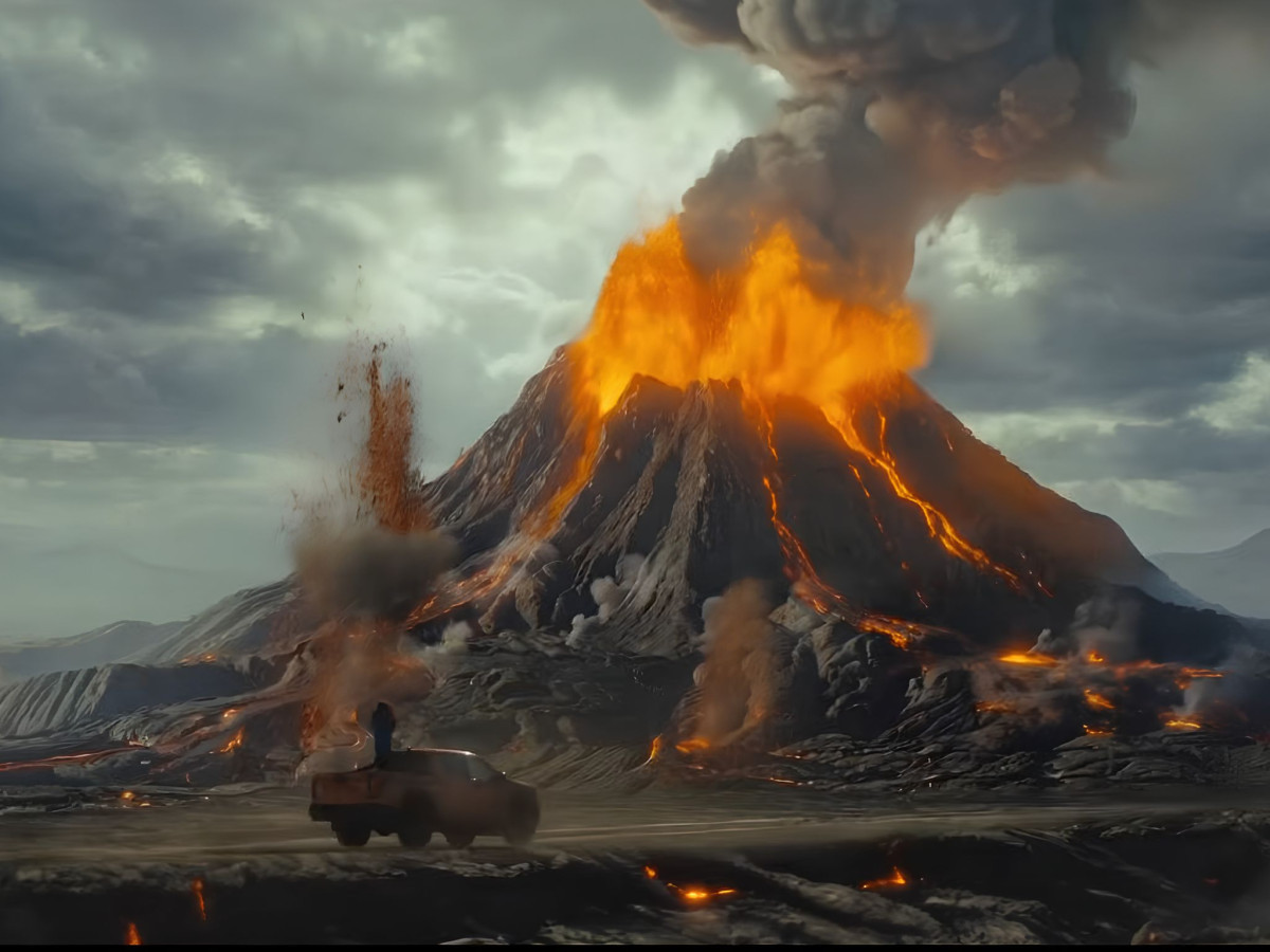 Truck driving near a large, erupting volcano.