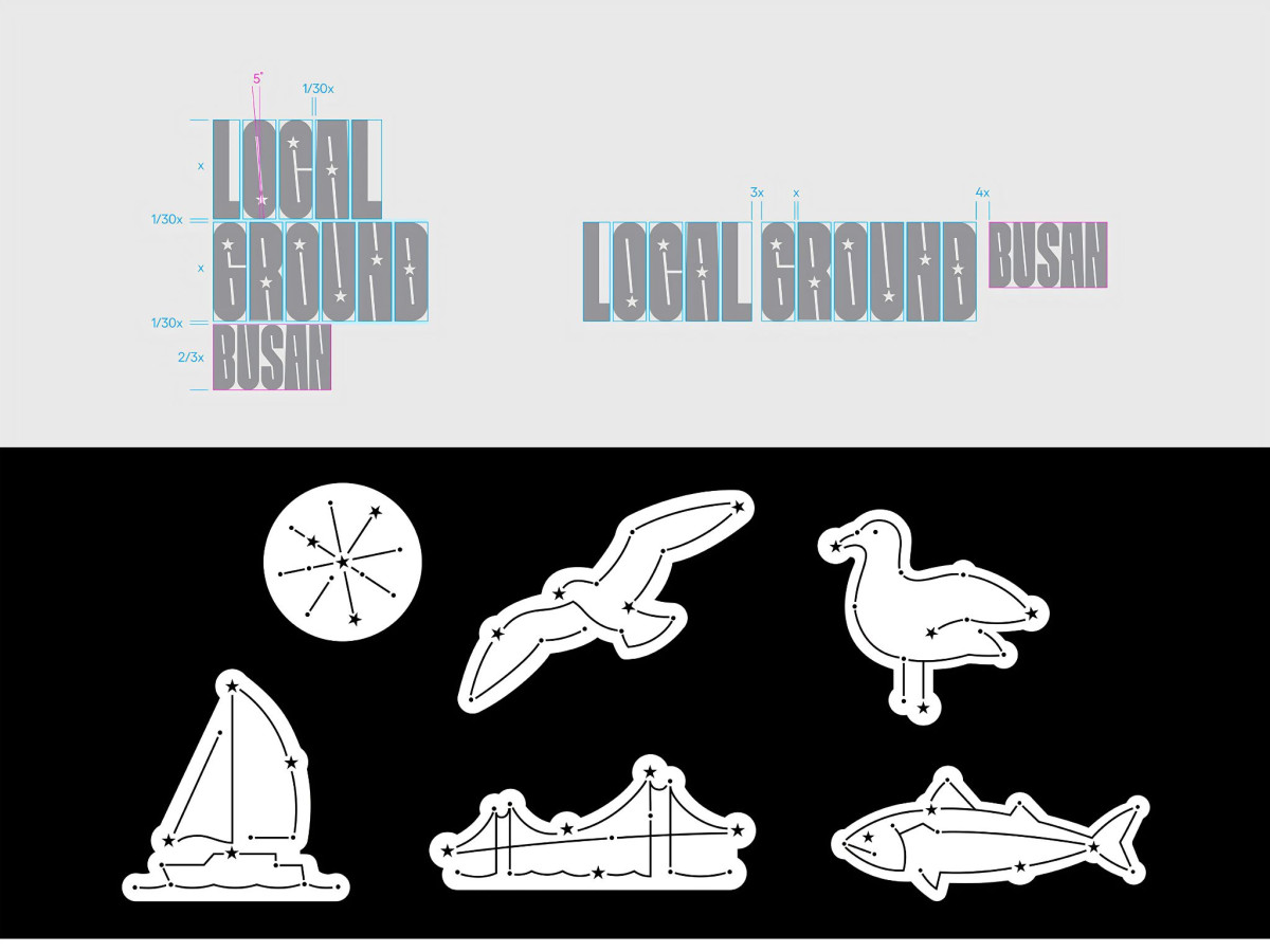 Typography guides and white constellation-style icons on a black background.