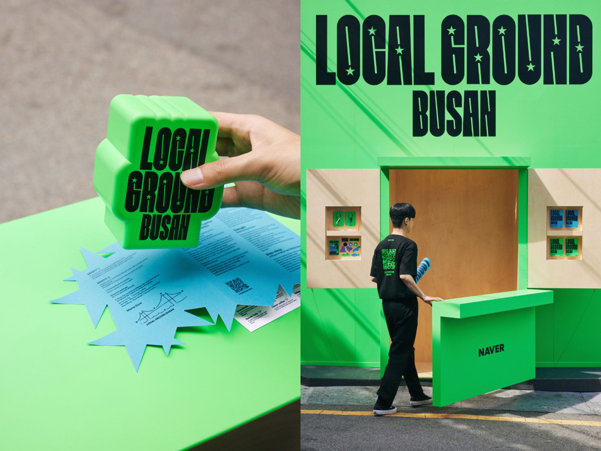 Green Local Ground Busan stamp and a matching bright green street kiosk.
