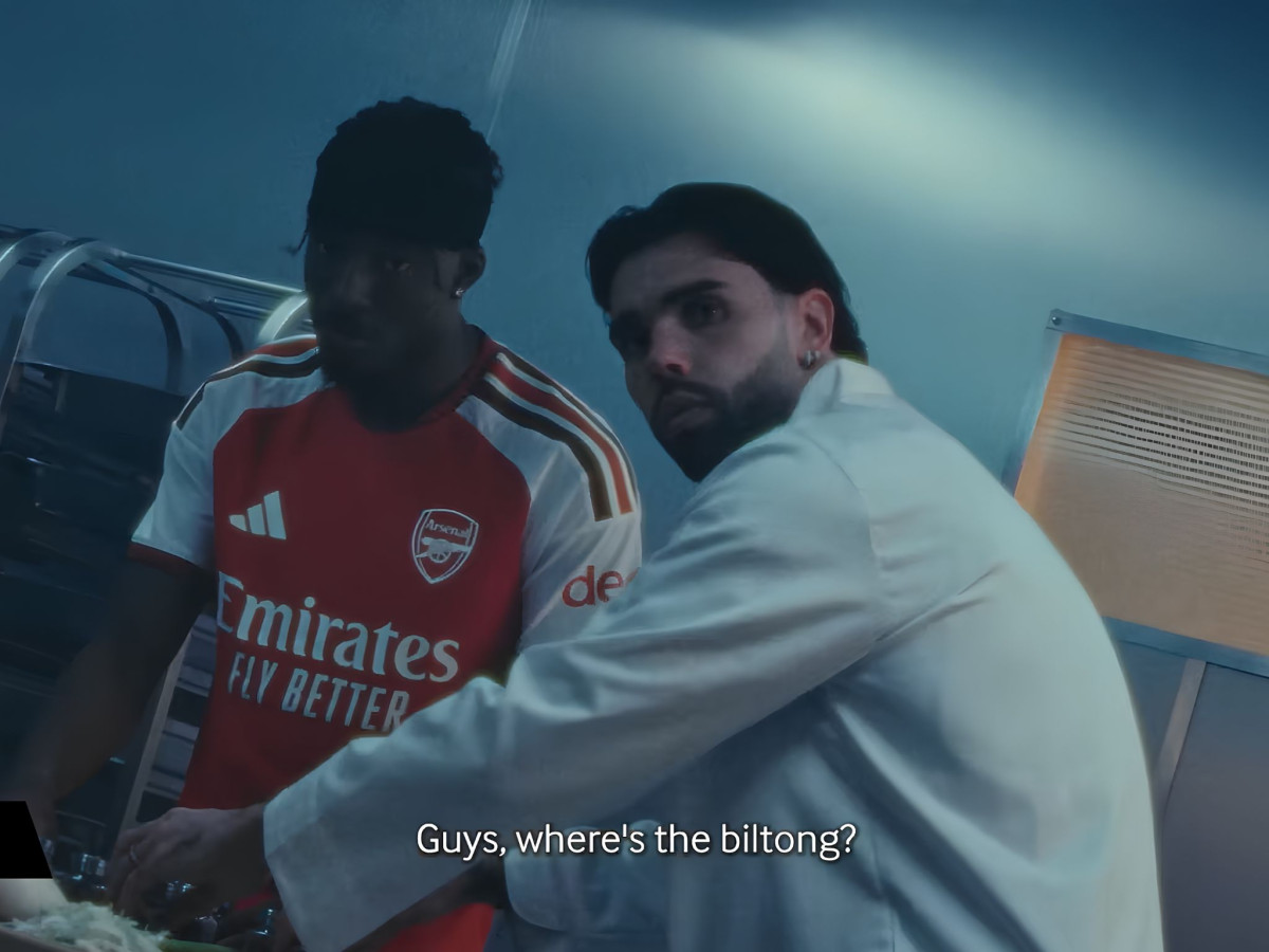 "Guys, where's the biltong?" caption with man in Arsenal jersey.