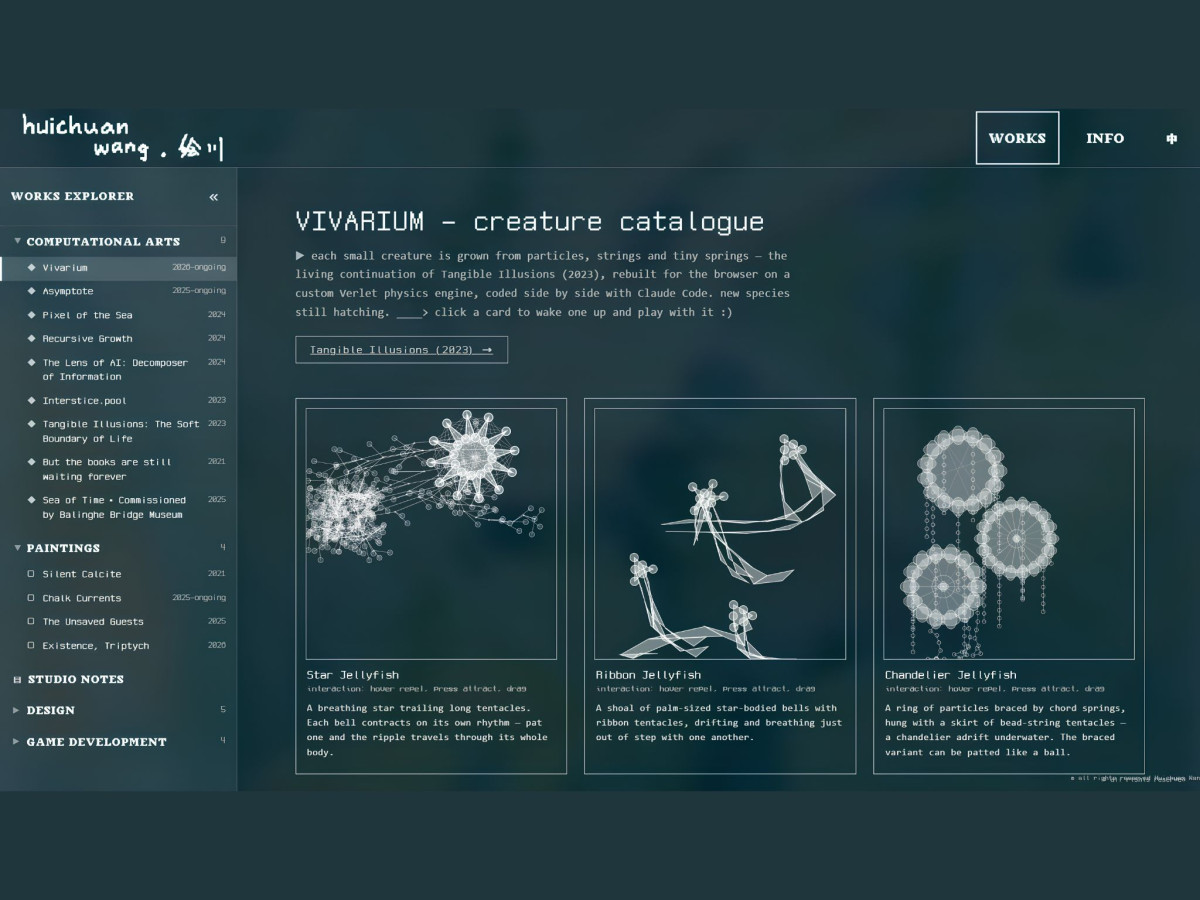 Dark website interface displaying wireframe jellyfish in a creature catalogue.