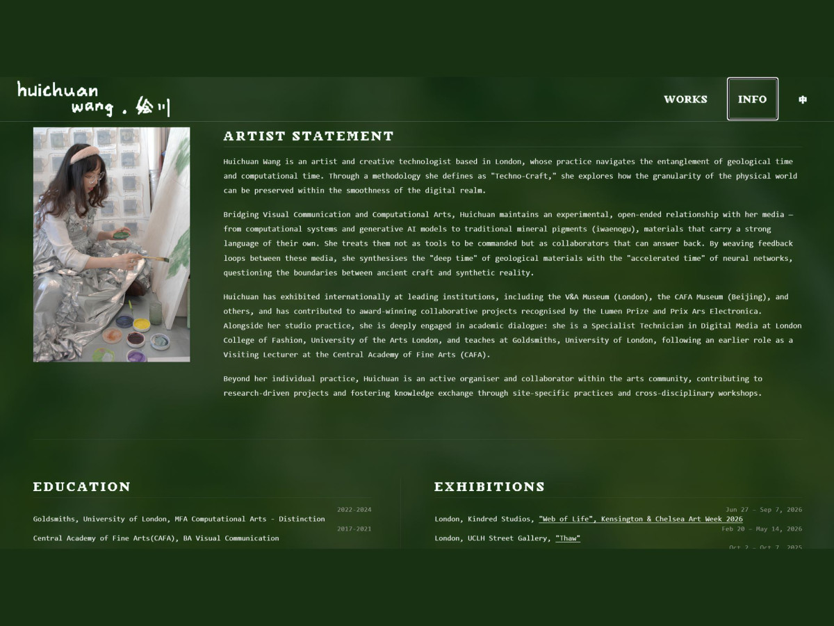 Green website artist statement page featuring a photo of the artist.