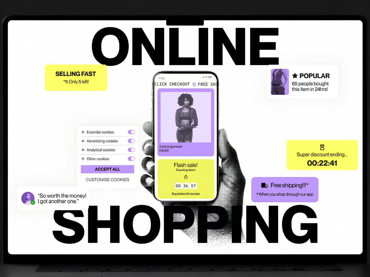 Screen displaying online shopping dark patterns and deceptive pop-ups.