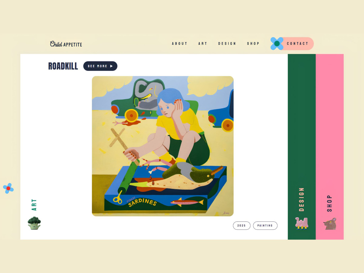 Website displaying a vibrant, surreal painting titled "ROADKILL."