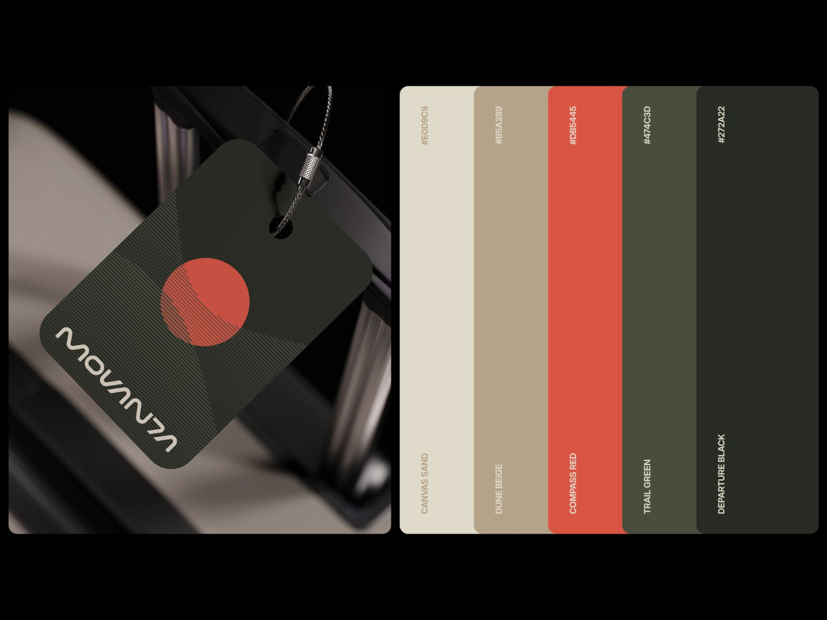 Black Movanta luggage tag beside an earthy color palette.