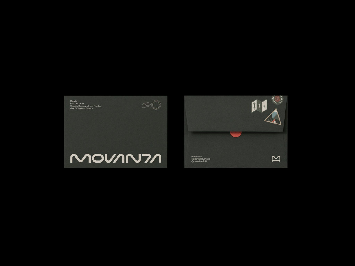 Front and back of a dark Movanta branded envelope.
