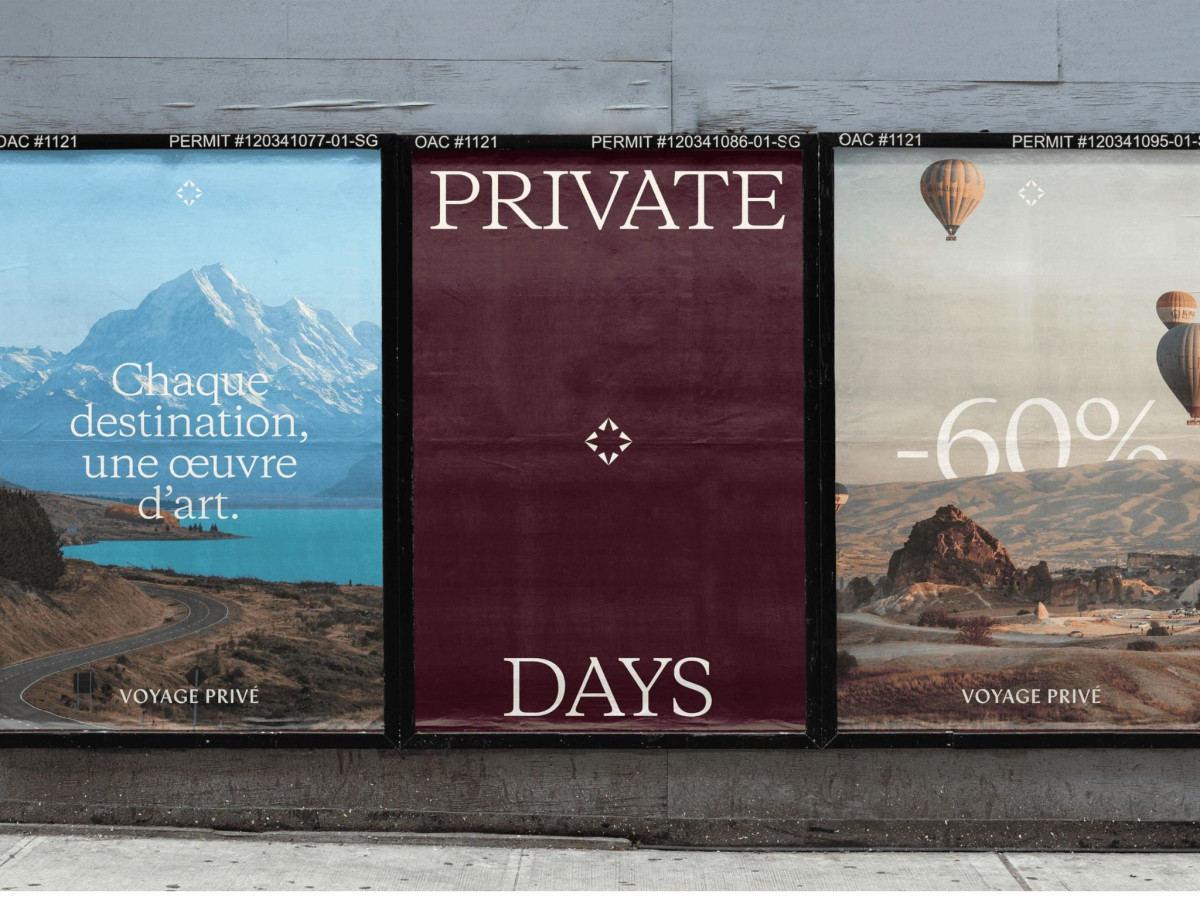 Three outdoor Voyage Privé travel posters displayed on a wall.