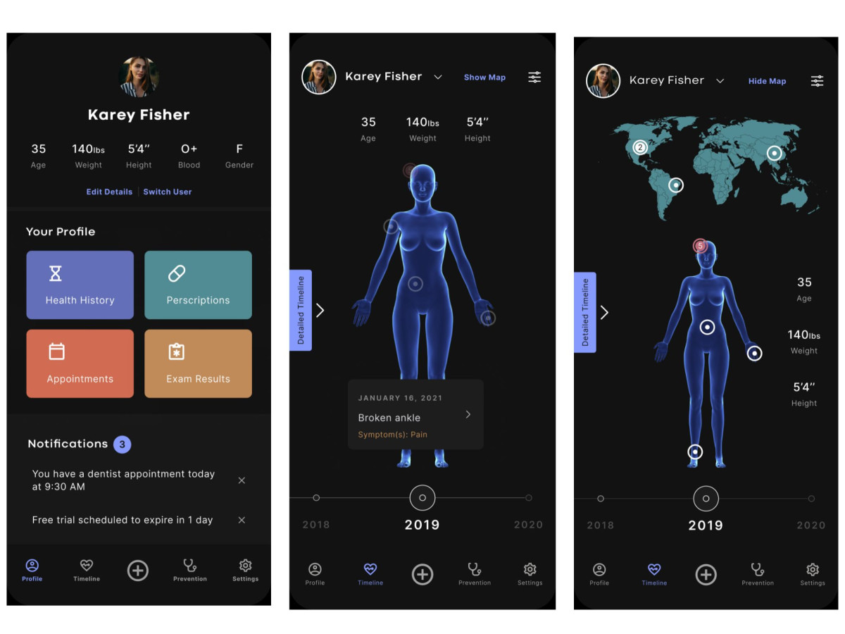 Three M.E. Me app screens displaying profile, interactive 3D body map, and timeline.
