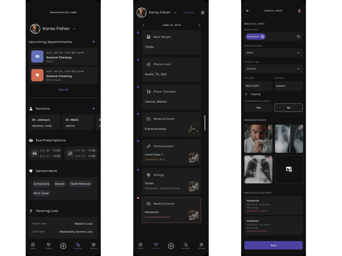 Three M.E. Me app screens displaying care history, medical timeline, and record entries with X-rays.