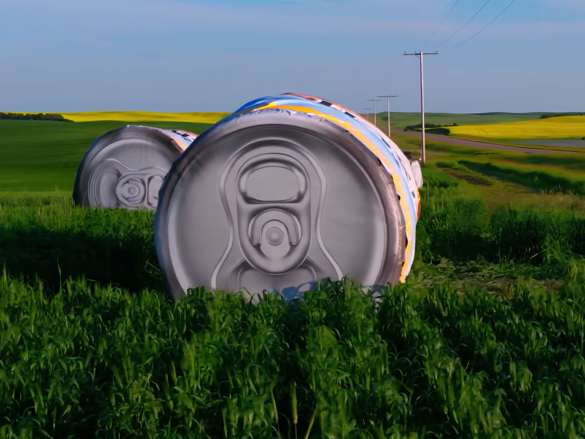 Hay bales wrapped to look like giant Busch beer cans in a green field.
