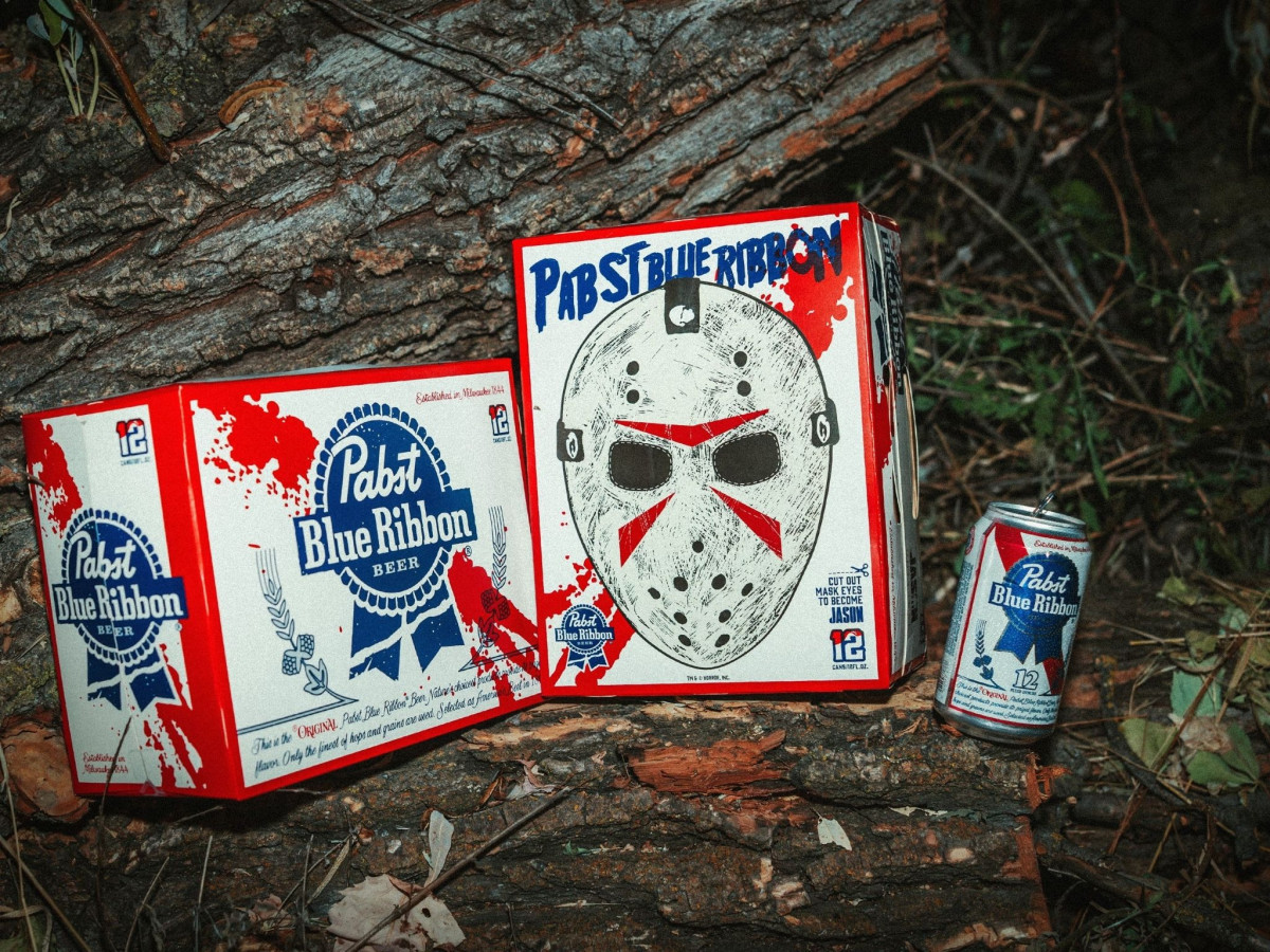 Pabst Blue Ribbon 12-packs featuring Jason Voorhees mask packaging.