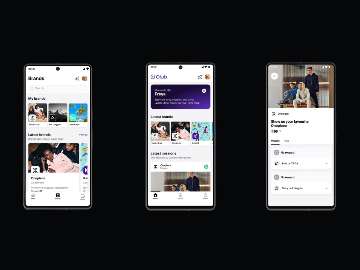 Three smartphone screens displaying the Club app brand directory, home feed, and social media mission interface.
