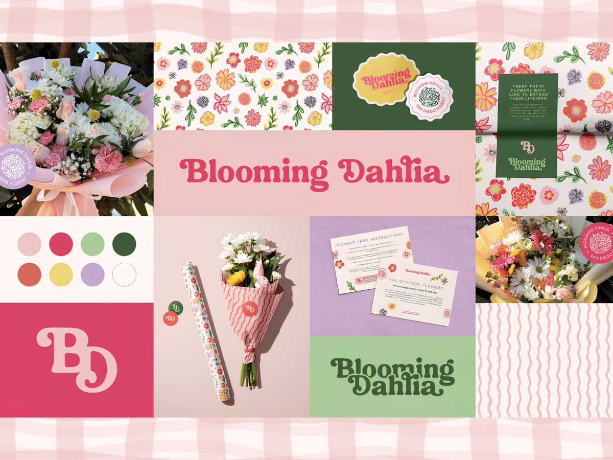 Brand identity board for Blooming Dahlia featuring logos, colors, and bouquets.