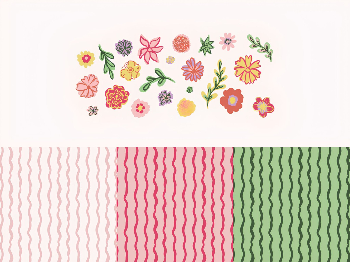 Hand-drawn floral illustrations displayed above pink and green wavy patterns.