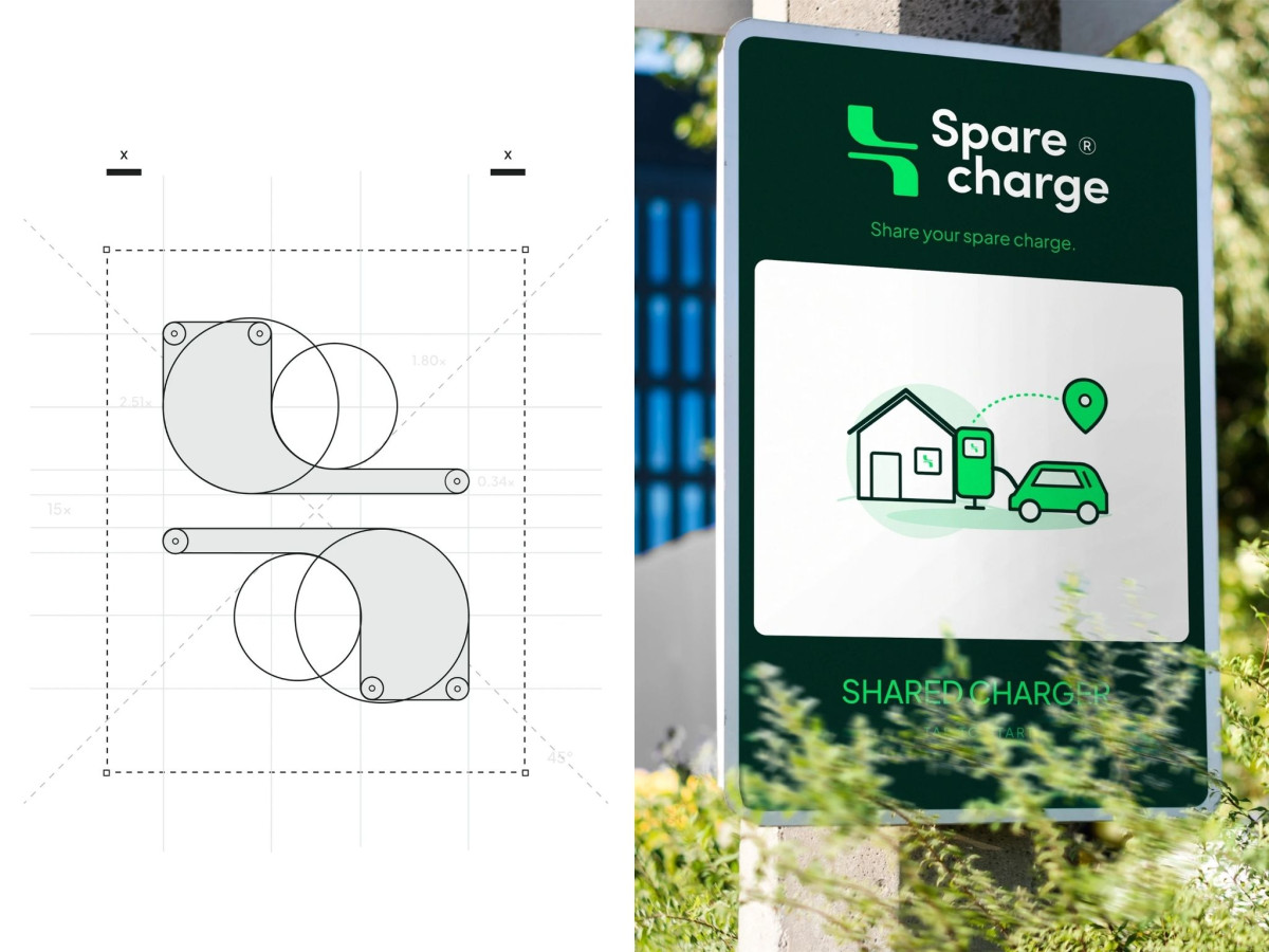 Geometric logo grid alongside an outdoor SpareCharge shared charger sign.