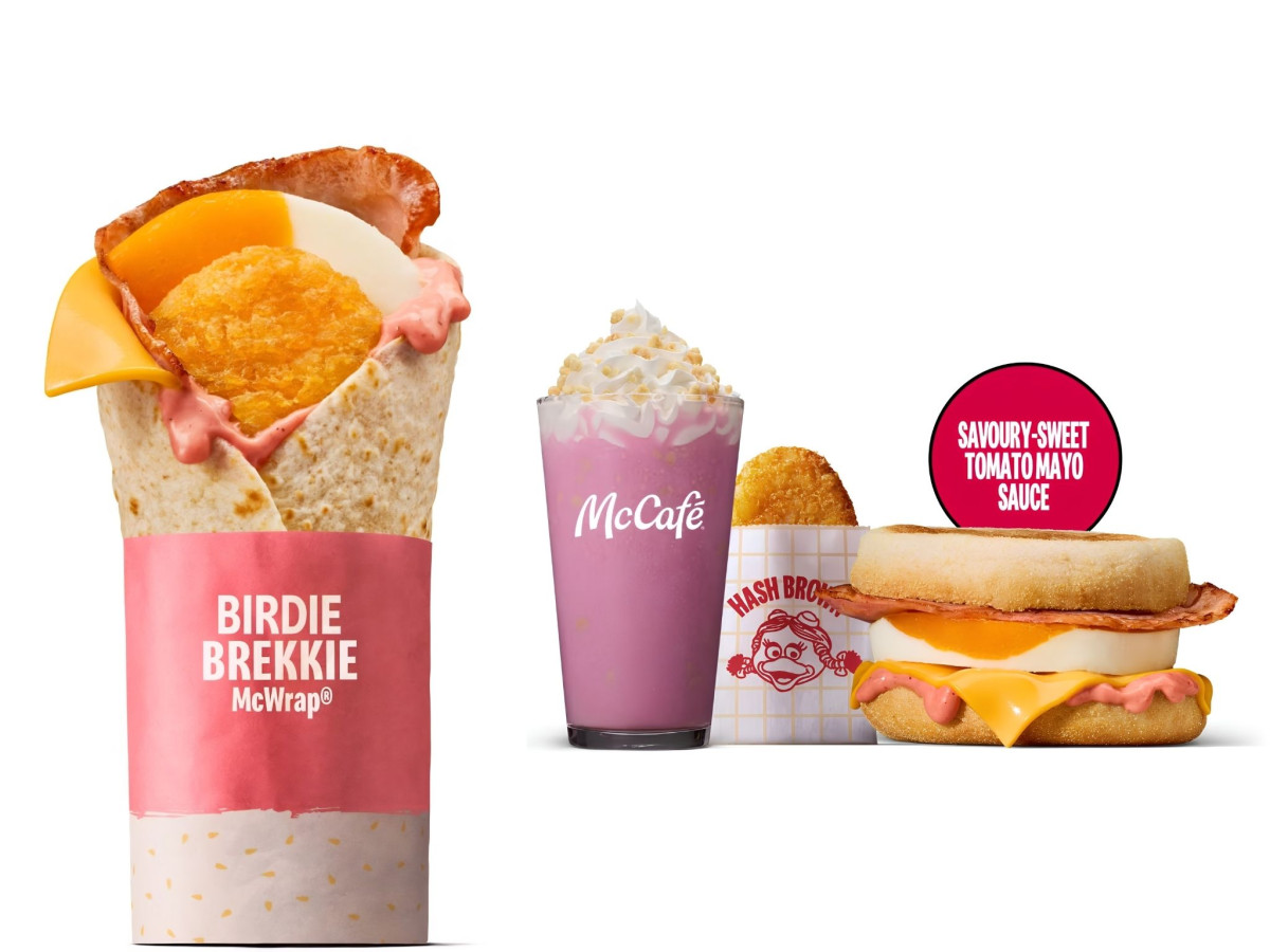 McDonald's Birdie Brekkie McWrap, pink Frappé, Hash Brown, and McMuffin.