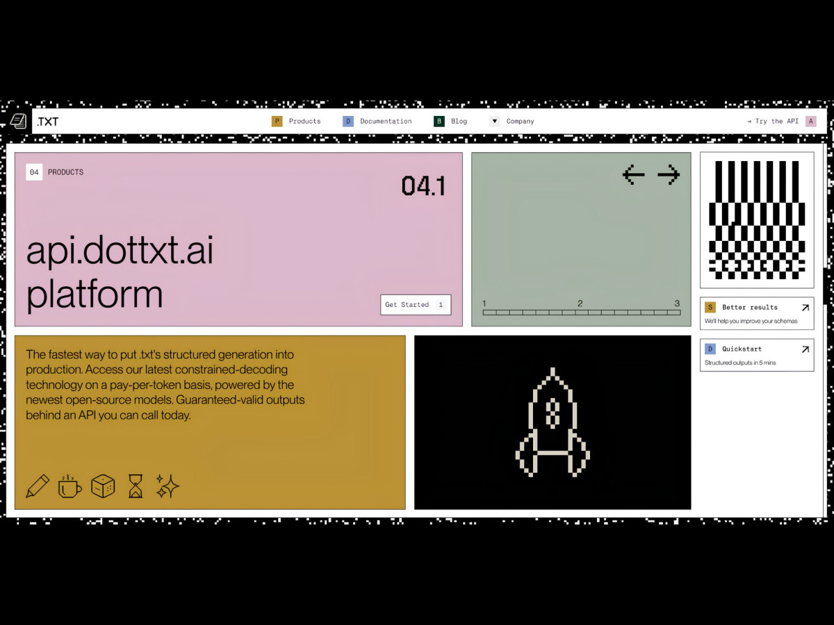 Colorful grid interface on the .TXT website featuring pixelated graphics.