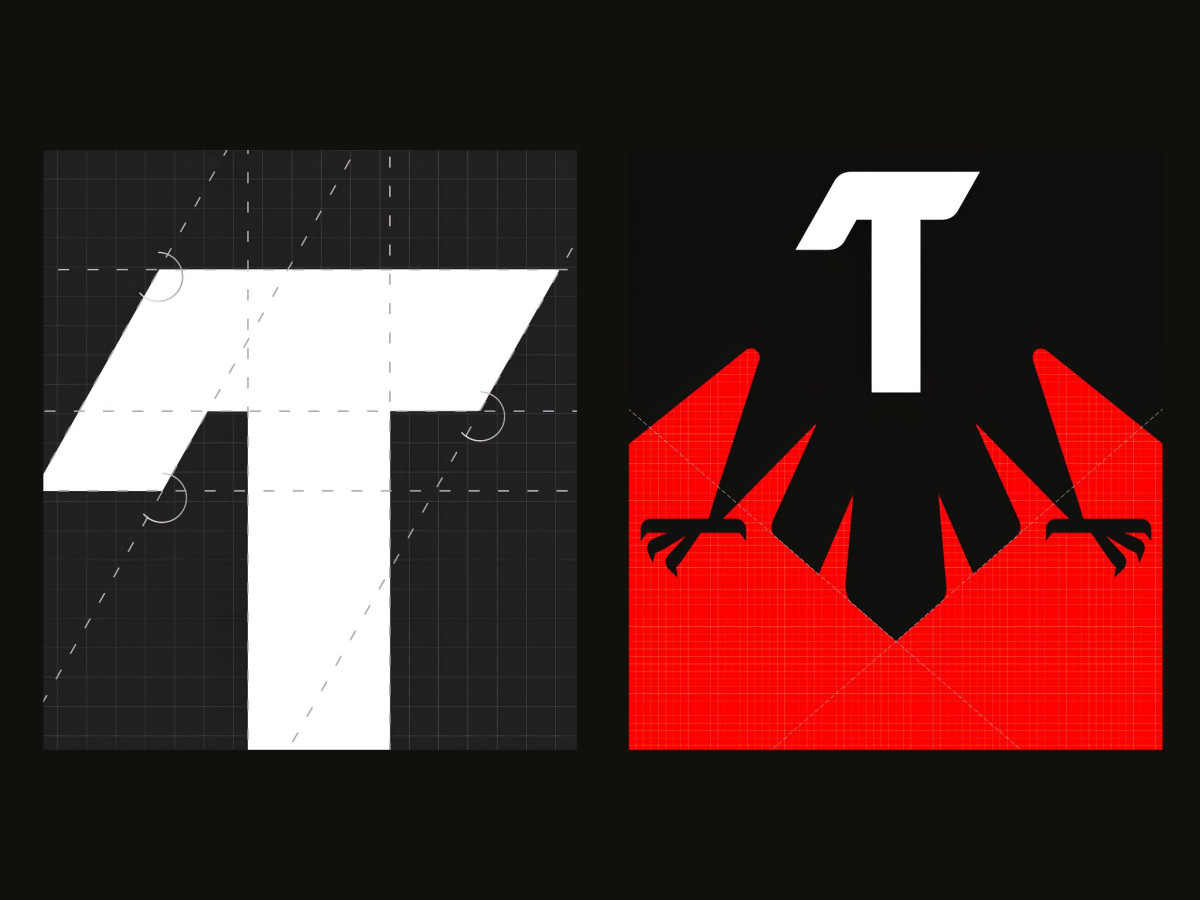 Geometric grid of the white Tecate 'T' logo alongside the black eagle emblem on red.