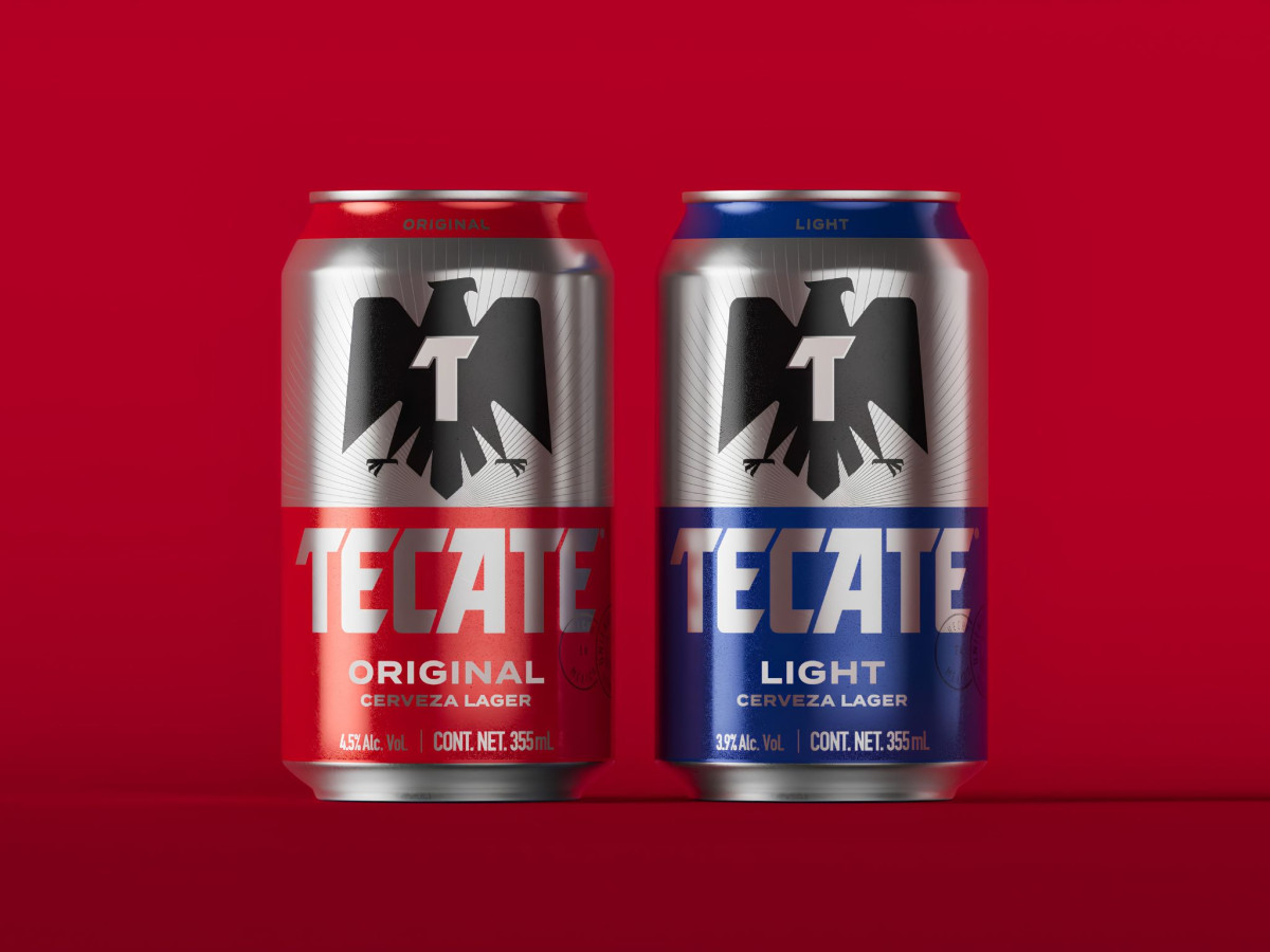 Tecate Original and Light silver beer cans featuring the updated black eagle logo.