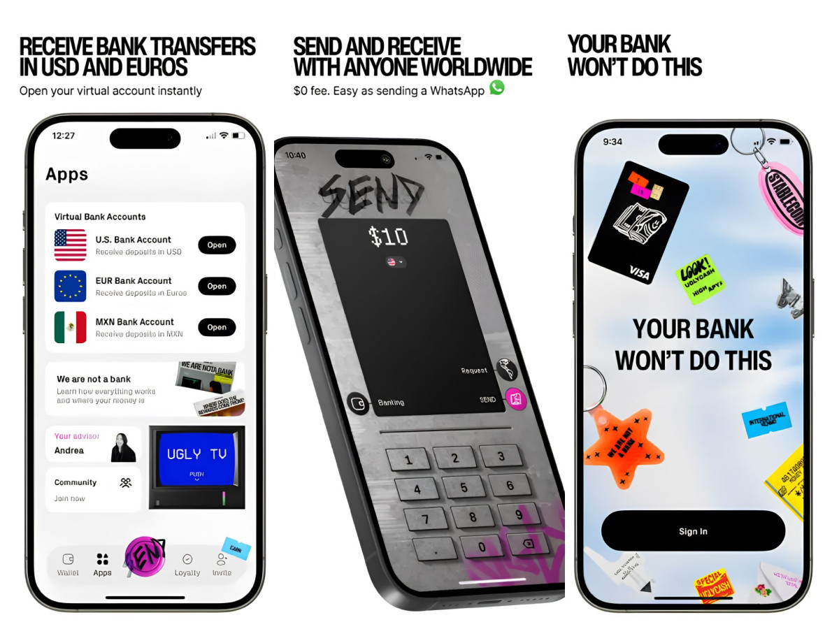 Three UGLYCASH app screens displaying virtual accounts, a transfer keypad, and sign-in.