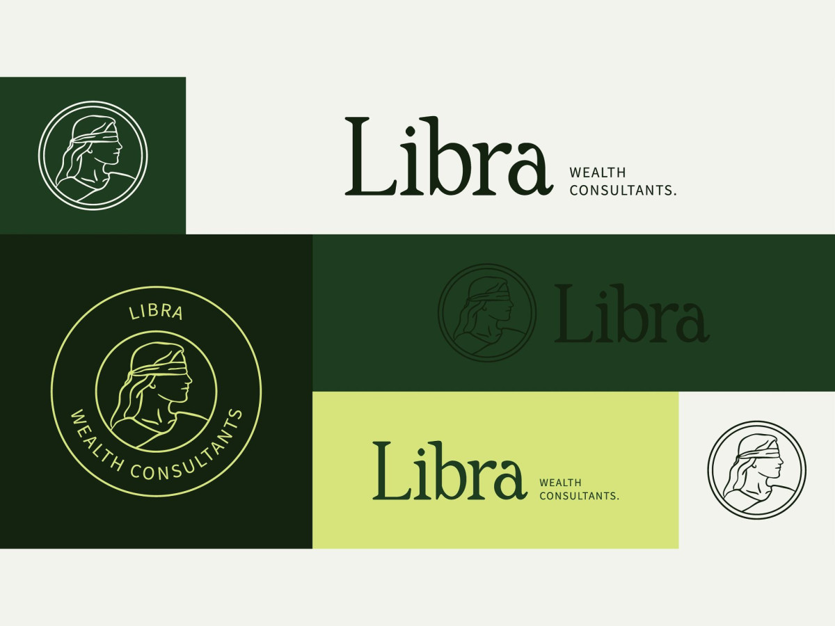 Libra Wealth Consultants logos featuring a blindfolded figure profile.