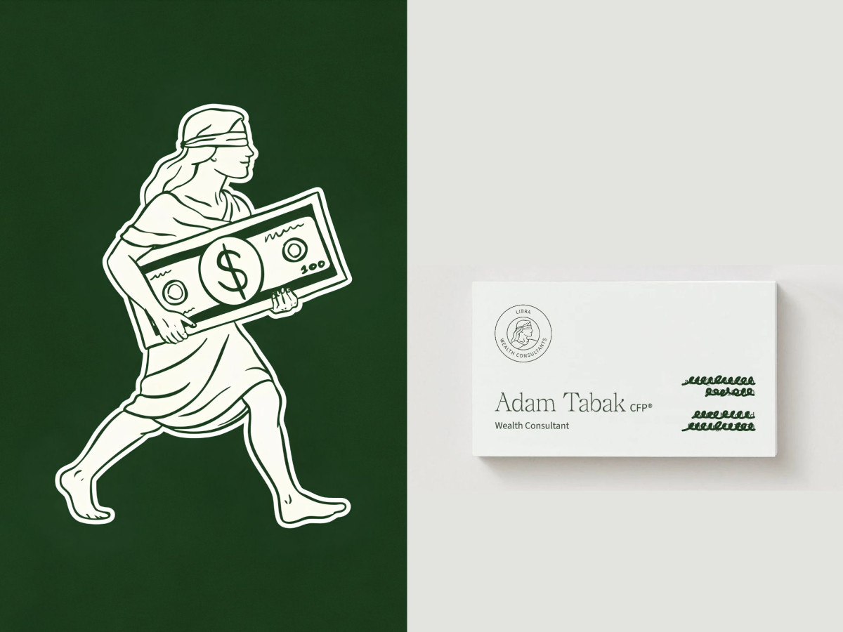 Blindfolded figure carrying money beside a white business card.