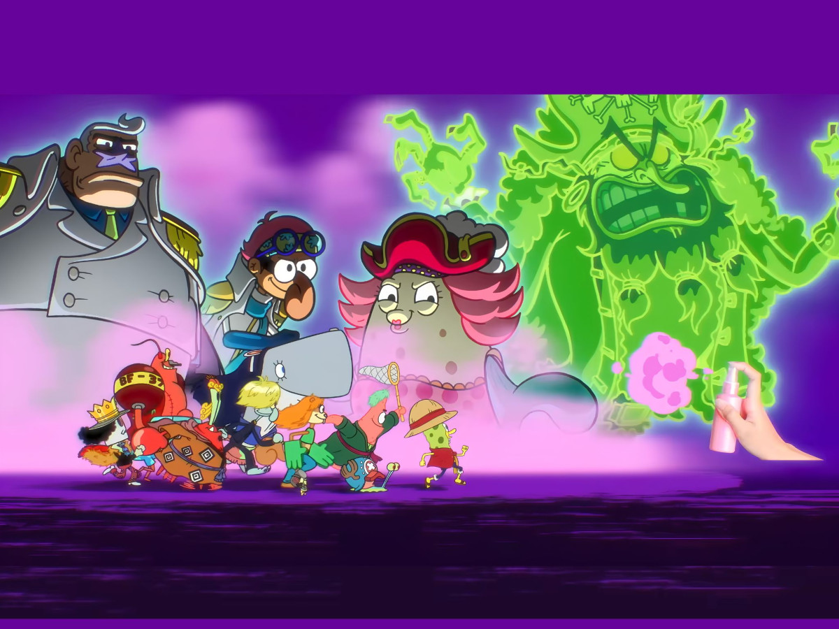 SpongeBob characters reimagined as One Piece cast in anime style.