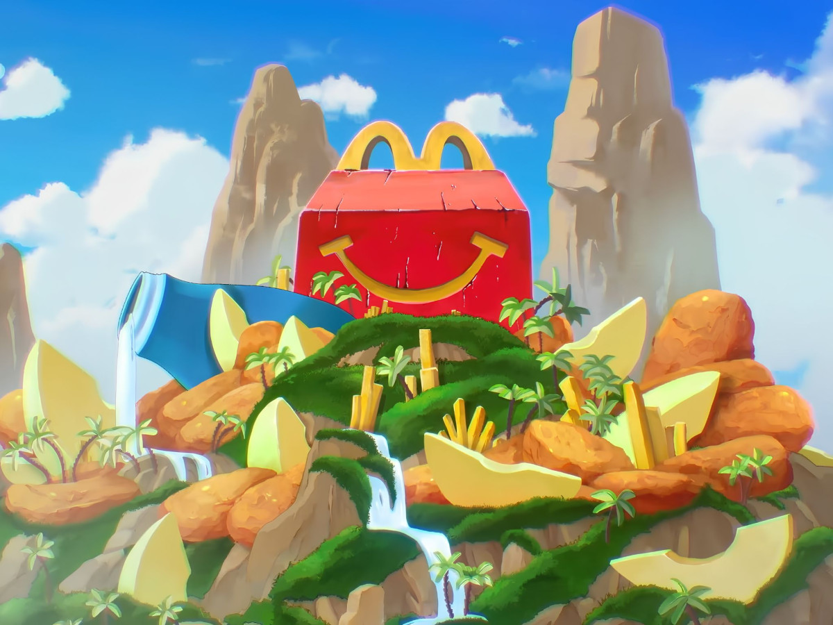 Anime-style island featuring a giant McDonald's Happy Meal box.