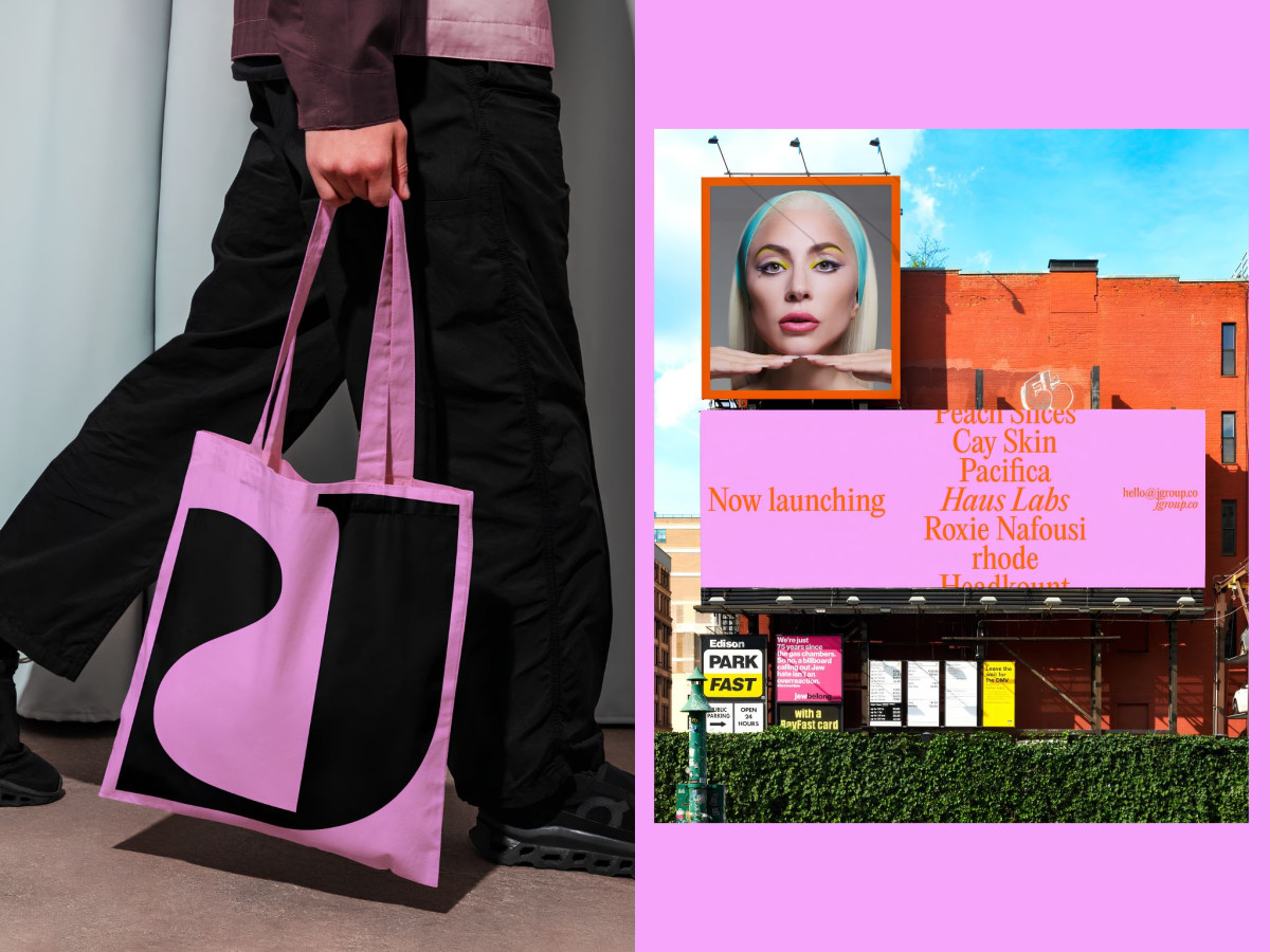 A pink stylized tote bag and a promotional billboard.
