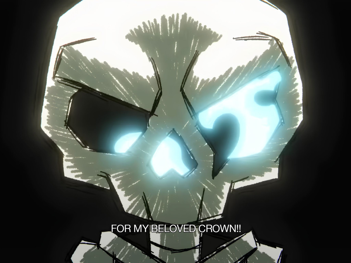 Glowing skeleton face shouting for a crown.