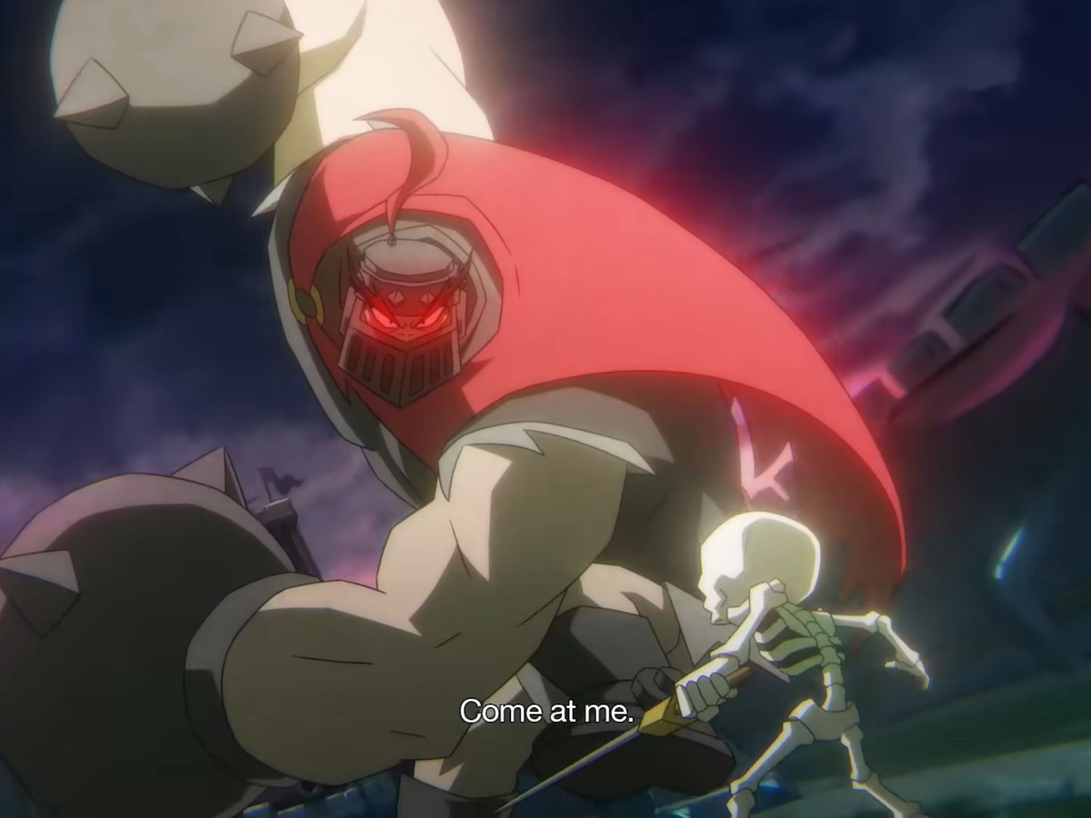 Small skeleton fighting a massive armored warrior.