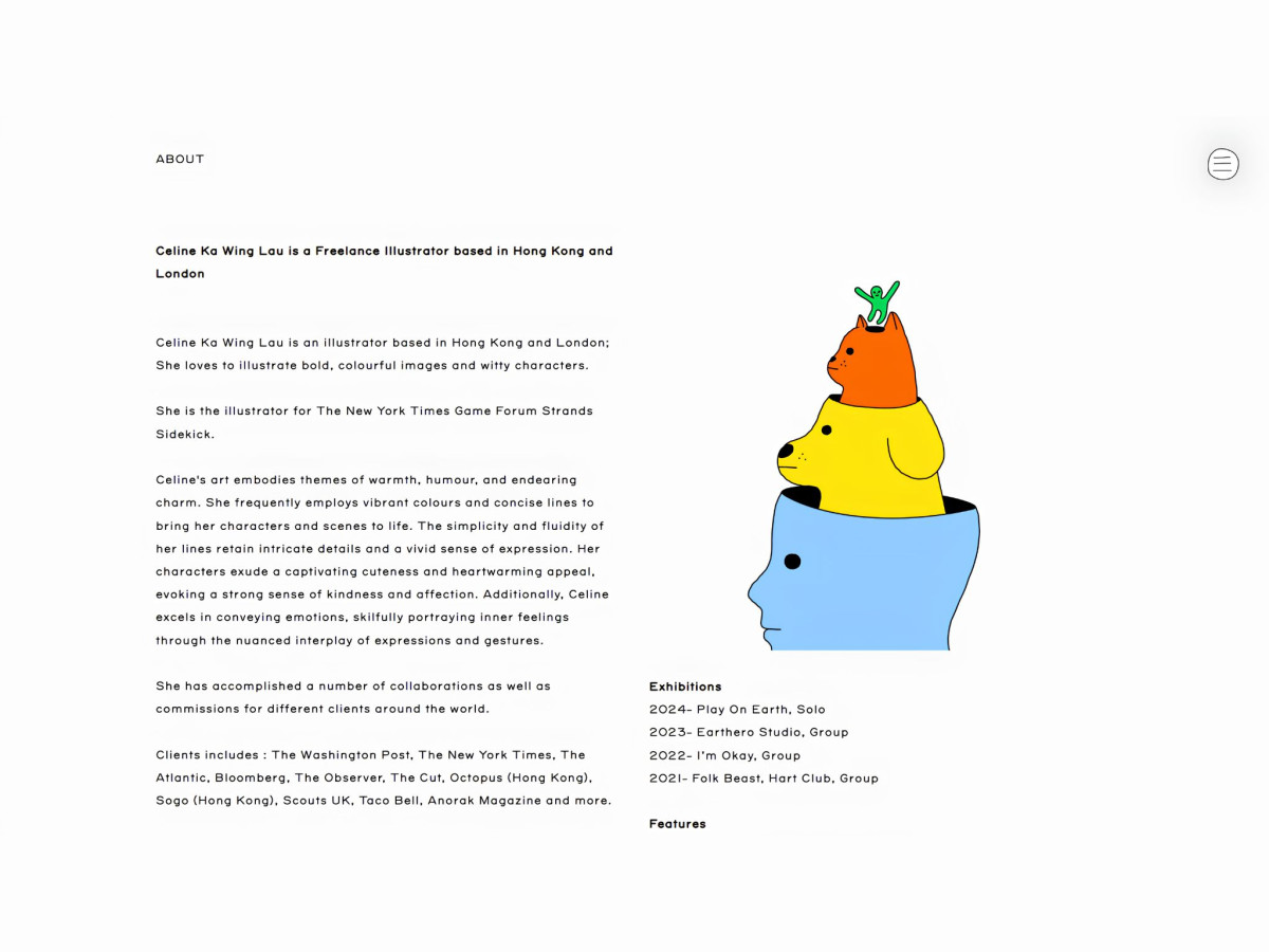 Website about page with text and an animal illustration.