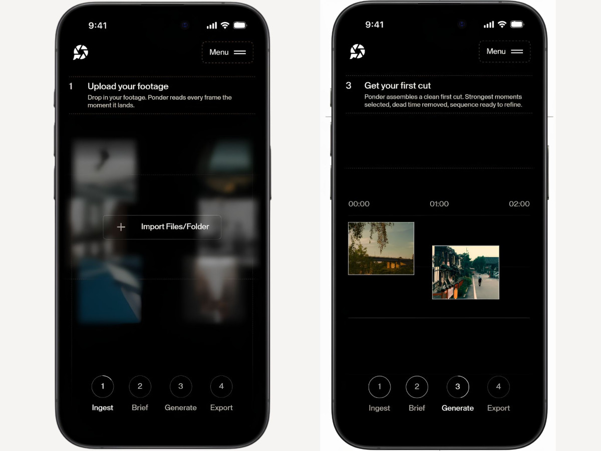 Ponder AI mobile interfaces for video upload and editing.