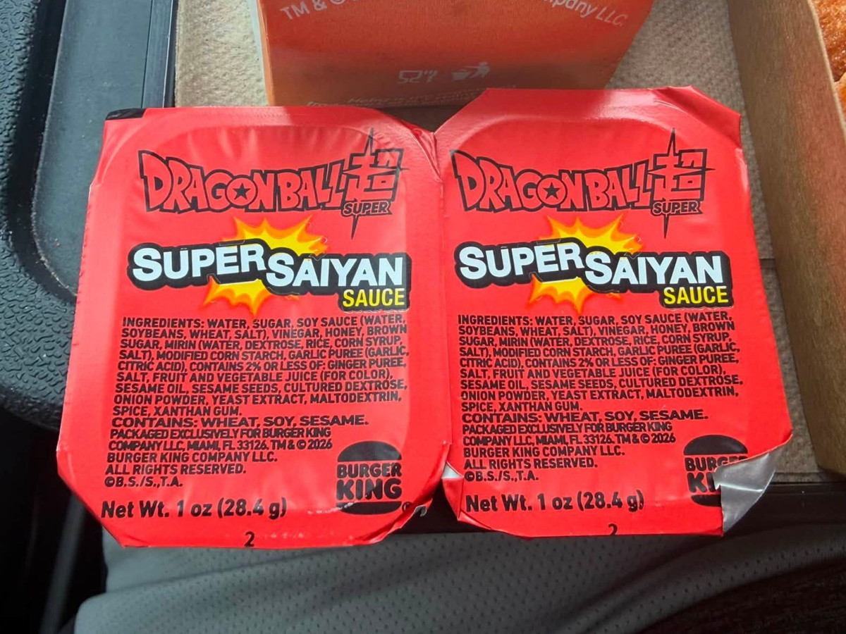 Two packets of Burger King Super Saiyan Sauce.