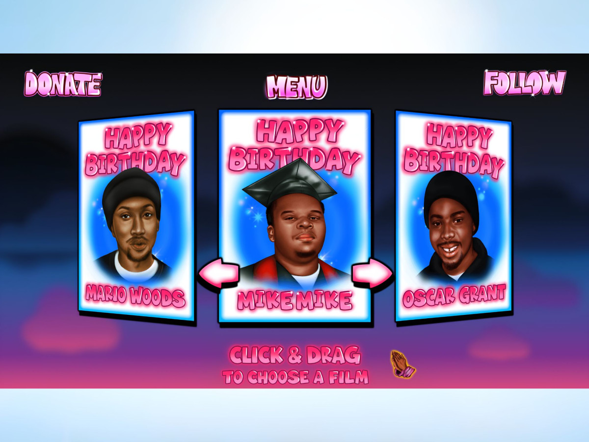 Interactive film selection menu featuring three memorial portraits.