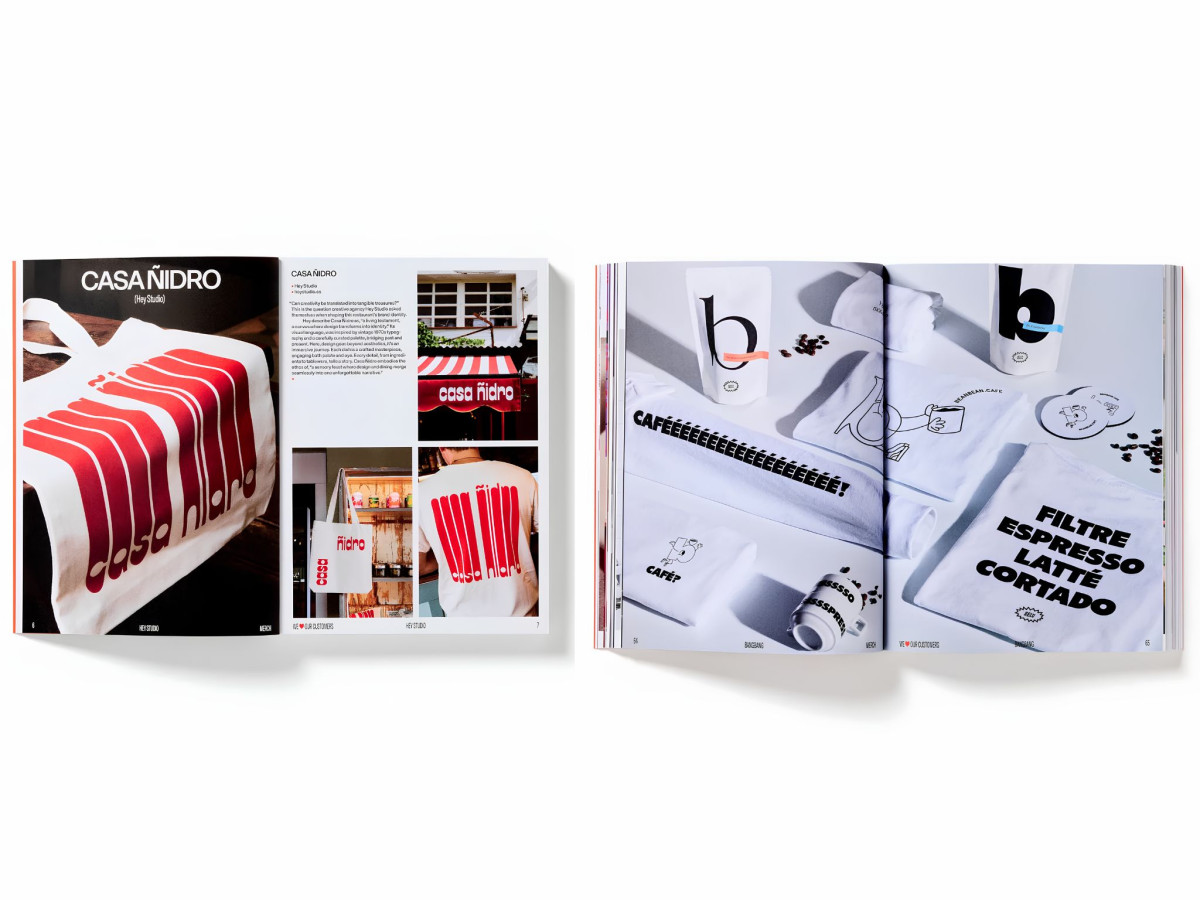 Two open book spreads displaying various branded merchandise.