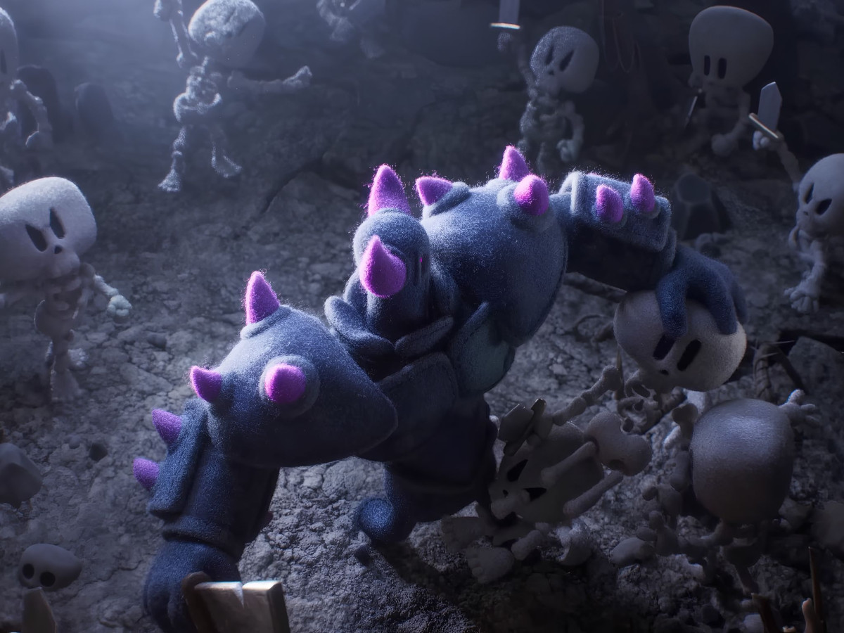 Dark armored figure with purple spikes amid skeletons.