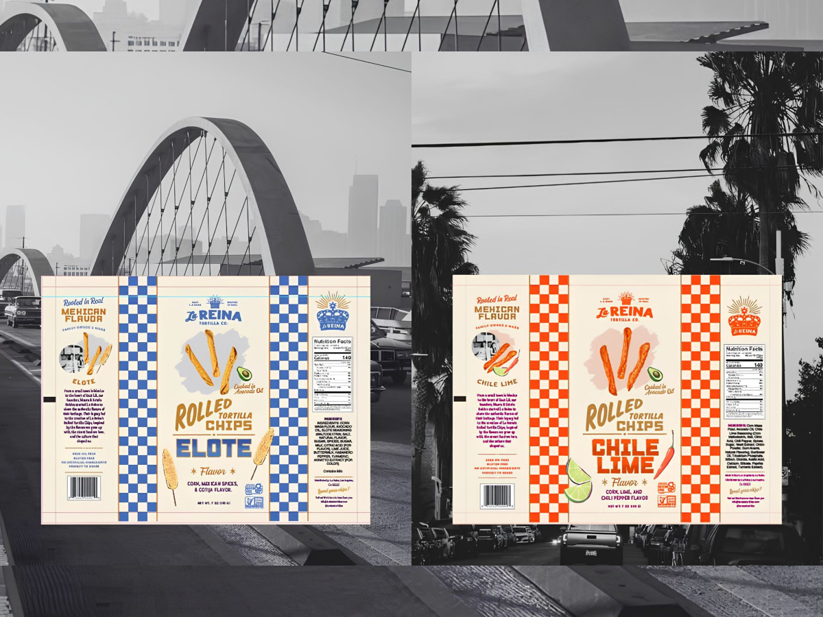 Flat packaging layouts for La Reina rolled tortilla chips.
