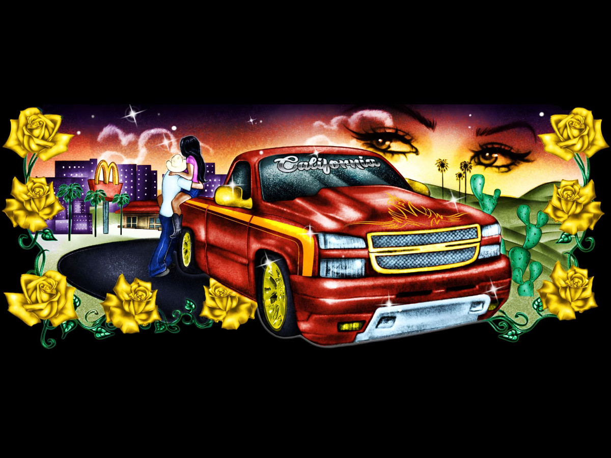 Chicano-style mural of a red lowered pickup truck.