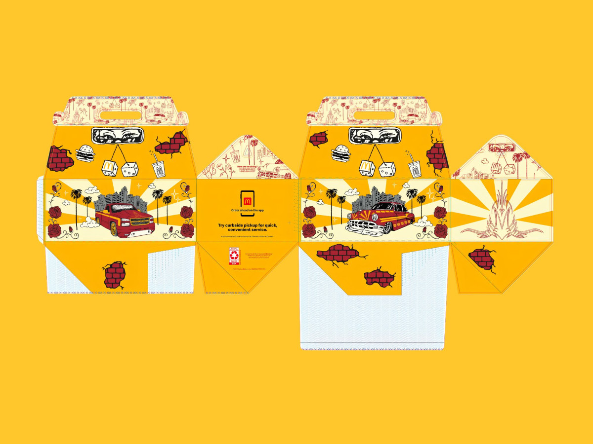 Flat packaging layout for a yellow promotional meal box.