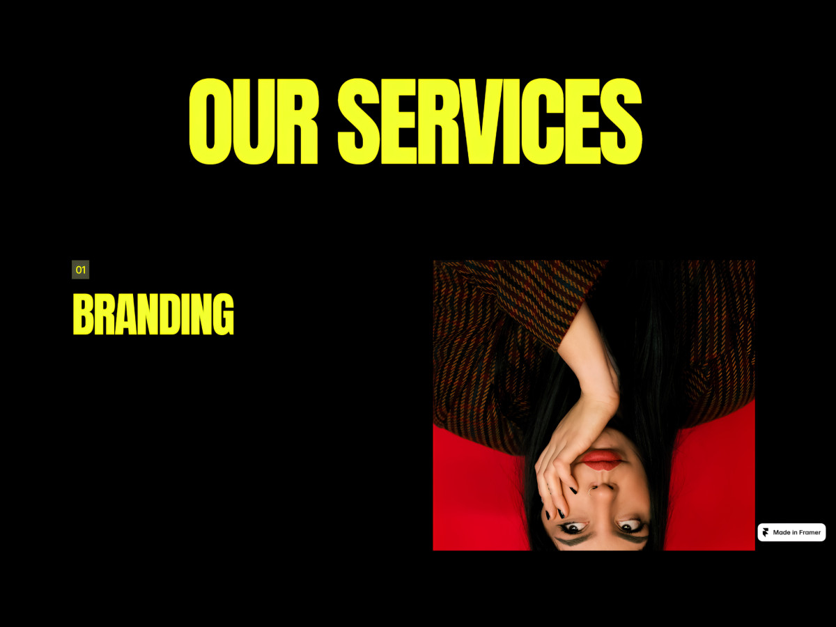"Our Services" section highlighting branding with a portrait.