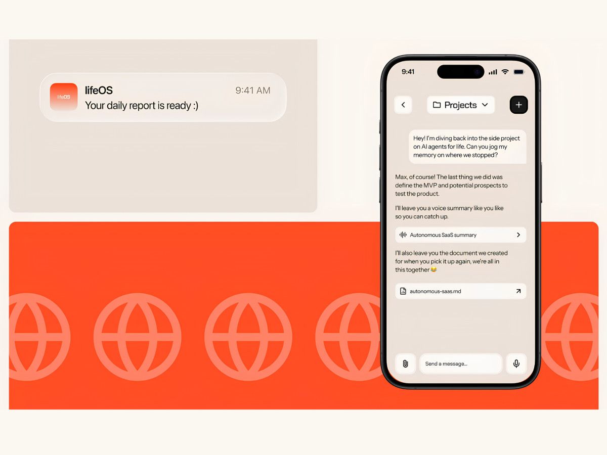 lifeOS app notification and AI agent chat interface.