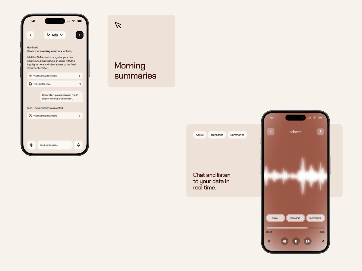lifeOS app screens for AI summaries and audio transcription.