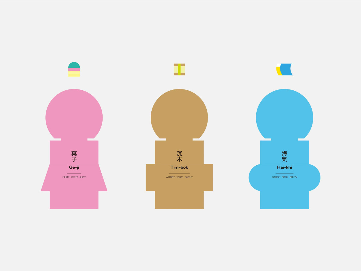 Three geometric, color-coded minimalist icons for Hong-Sik fragrances.
