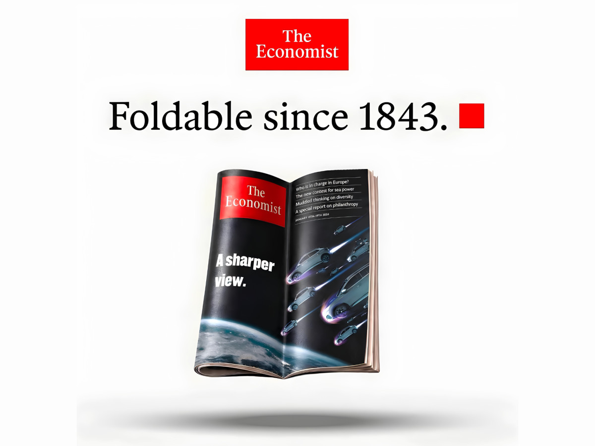 Open Economist magazine under "Foldable since 1843" text.