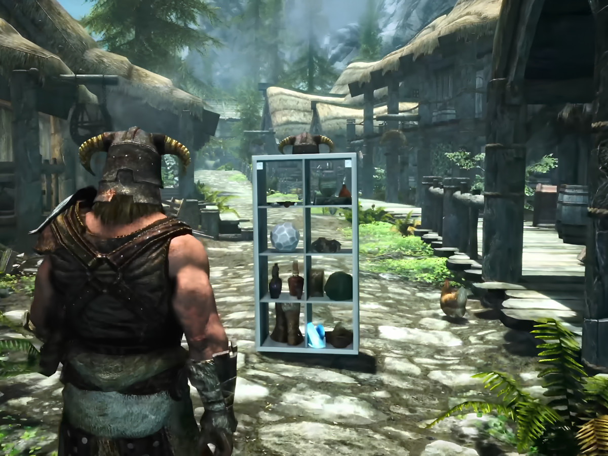 Skyrim warrior standing before an IKEA Kallax shelf.