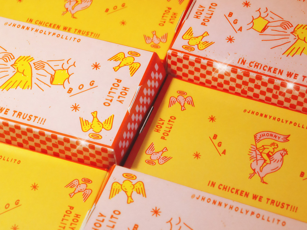 Yellow packaging boxes featuring red chicken line art.